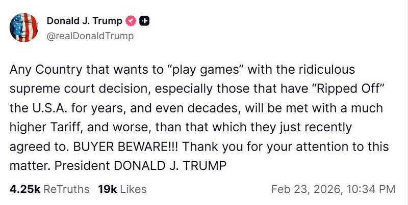 川普稍早發文警告，任何國家若想要趁最高法院裁定對等關稅違法的機會「耍花招」，將面臨更高的關稅懲罰。（彭博）