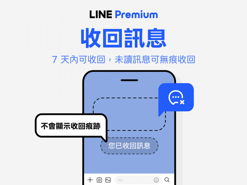 LINE Premium會員可將訊息收回期限由原本的24小時延長至7天；若在對方尚未讀取前執行收回，還可啟動「無痕收回」功能。（截自官方部落格）