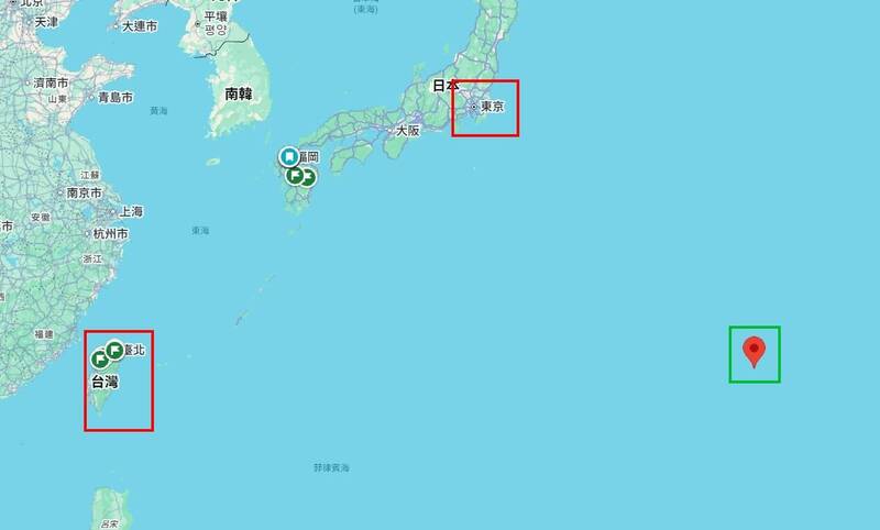 南鳥島（綠框處）與台灣和東京相對位置。（取自Google地圖）