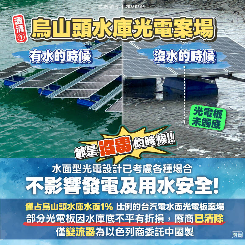 烏山頭光電板遇到沒水就有毒？經濟部新測水質安全無虞