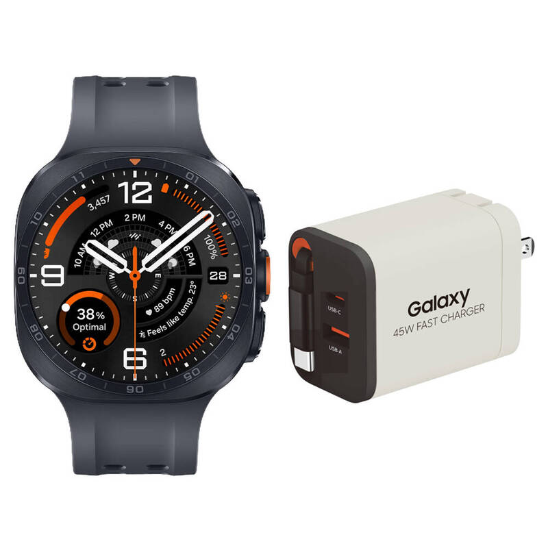 Samsung Galaxy Watch Ultra2 47mm現正開放預購，具備最長60小時續航力及睡眠、心率等健康監測功能。附45W充電頭。（Coupang酷澎提供）