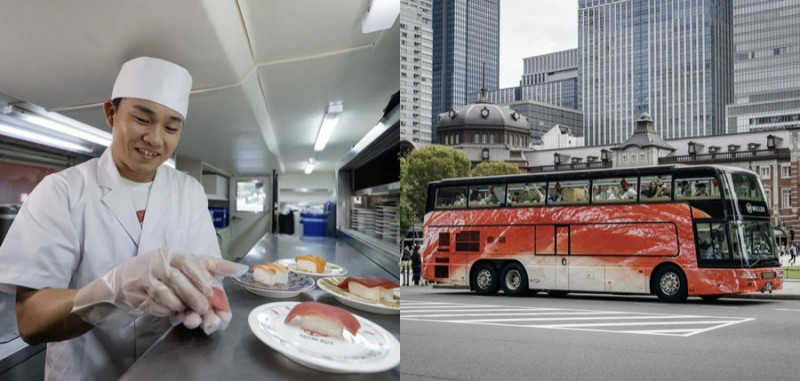 日本業者株式会社SUSHI BUS結合雙層觀光巴士與迴轉壽司，打造全球首創的「移動式迴轉壽司店」。（業者提供）