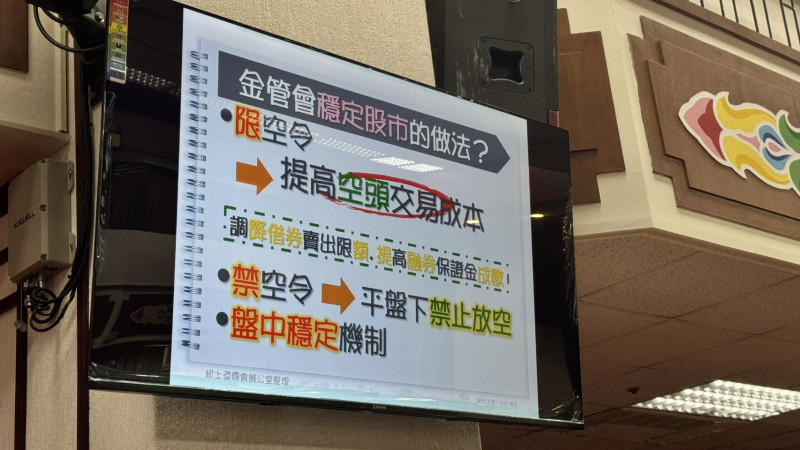 台股震盪加劇,是否考慮祭出「限空令」?金管會強調,市場並未出現失靈,會尊重市場機制。(記者王孟倫攝)