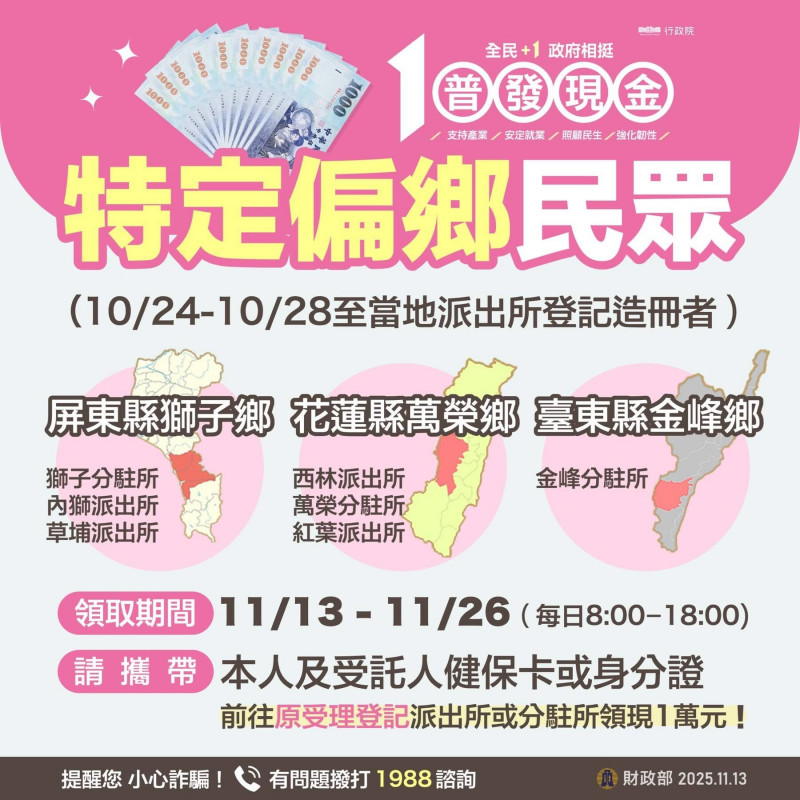 普發1萬造冊發放可以領了  11/13~11/26開放領取