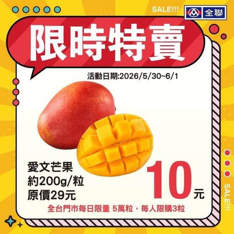 手速搶貨！全聯愛文芒果1顆殺到10元  只限這3天
