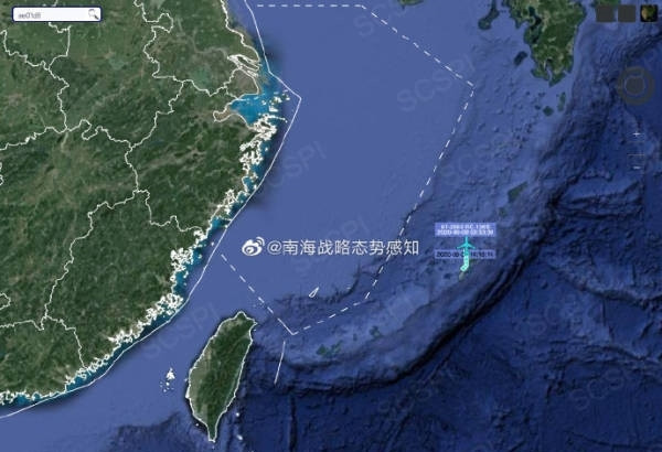 中國智庫公布的美軍RC-135S偵察機航跡圖（翻攝自「南海戰略態勢感知計畫」微博）