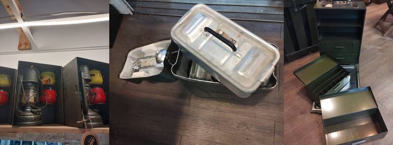 圖（左）西德時期德軍的煤油提燈。圖（中）同樣為西德的野戰餐盒，有趣的是其外觀是油箱形狀，這是為了與油箱一同方便攜運。圖（右）則是瑞士軍醫的手提行動工具箱。（記者吳哲宇攝）