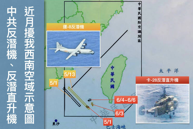 中共解放軍自5月以來，頻派「卡-28」艦載反潛直升機、「運-8」反潛機在我國西南空域活動。（本報合成，圖取自我國國防部網站，記者涂鉅旻製圖）