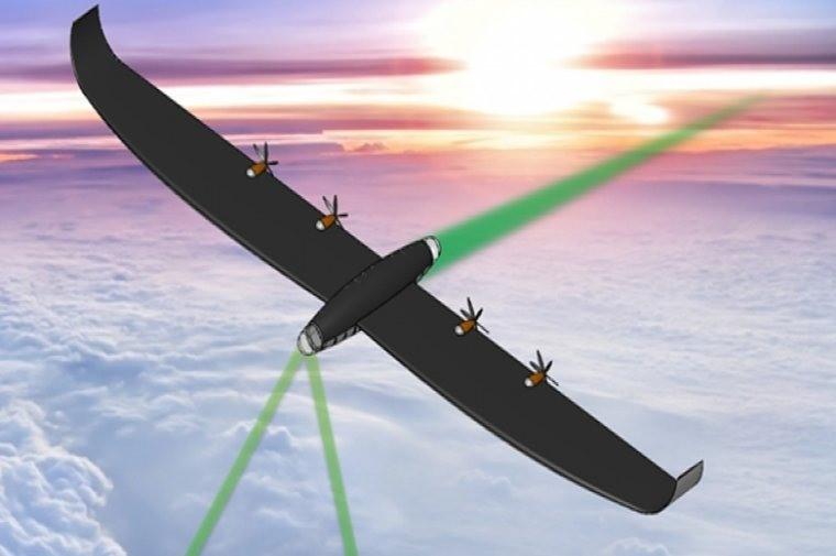 持續性光無線能量中繼（Persistent Optical Wireless Energy Relay, POWER）計畫的目標，是設計出並且證明空中載光能量中繼的可行性。示意圖（取自RTX官網）