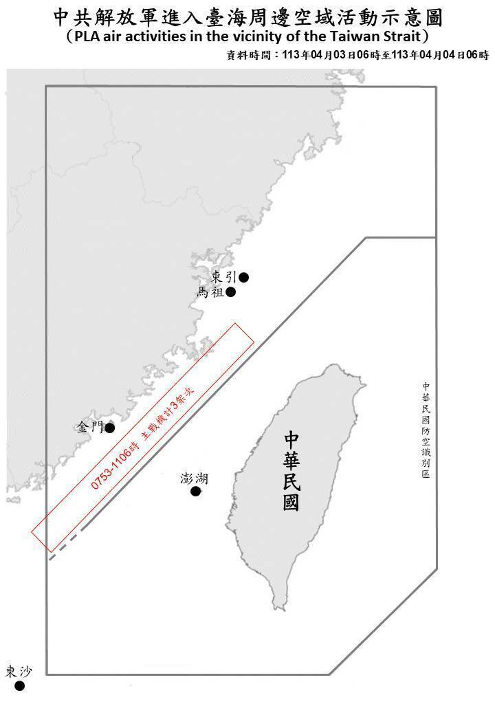國防部指出，自昨日6時自今日6時，共偵獲共機3架次、共艦7艘次，持續在台海周邊活動。 （國防部提供）