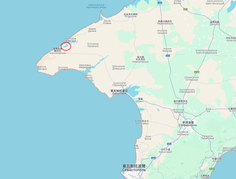 烏克蘭國防部情報總局，這次攻擊行動發生在克里米亞半島西北部的潘西克湖（紅圈處）。（擷取自Google Map）