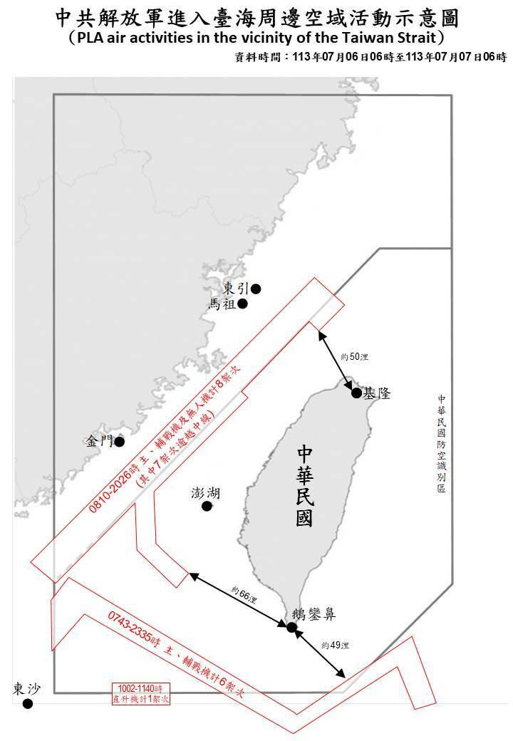 國防部公布，直至今日上午6時的24小時內，共偵獲15架次中共軍機及10艘次共艦，其中14架次共機進入中部、西南、東南空域。 （國防部提供）