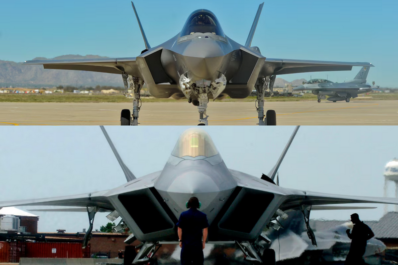 F-35戰機（上）與F-22戰機（下）正面視角對比圖。（美國空軍網站官網；記者陳治程合成）