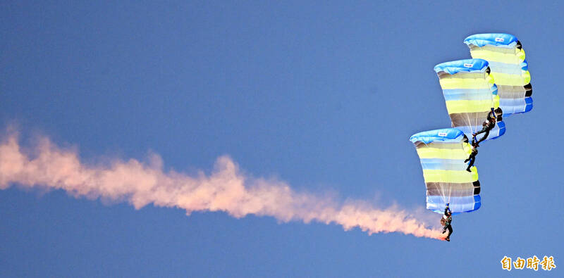 今日跳傘操演中，傘訓學員及神龍小組從4500呎的高空跳下，3名神龍小組成員自由落體相互聚集身綁煙霧裝置，開傘前分開，是為「炸彈開花」；降落過程擺出Y字形、三人疊傘等，其中三人疊傘透過操縱傘具，使傘員成立體三角，從下方仰視只見一隻傘，高難度操縱令人讚歎弗如。（記者廖振輝攝）