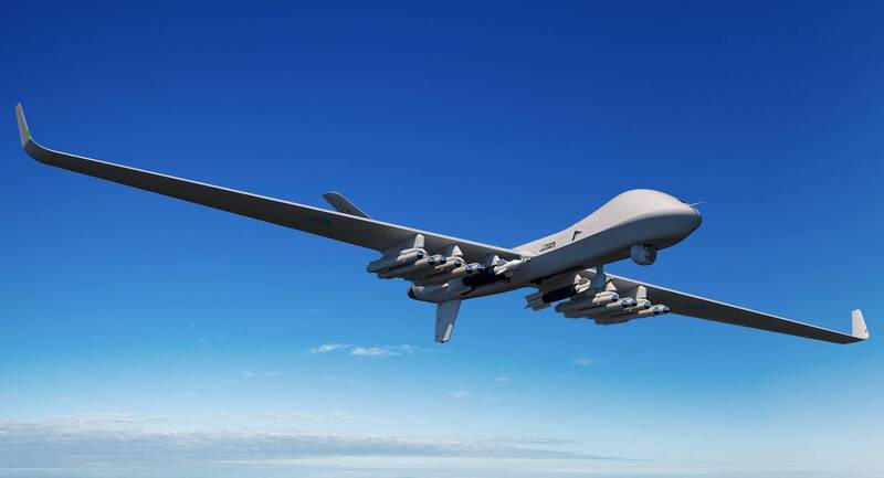 英國版MQ-9B無人機「守護者」正在進行測試，未來可搭載6枚MBDA的硫磺飛彈。（取自MBDA官網）