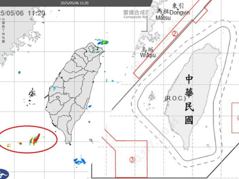 前氣象局局長鄭明典PO出雷達回波圖，研判台灣西南方的雷達回波訊號很可能是「軍事活動」造成；根據國防部今天公告的示意圖，中國昨天早上6時，到今天早上6時，合計出動28軍機、艦擾台。（圖取自鄭明典臉書、國防部提供，本報合成並列。）