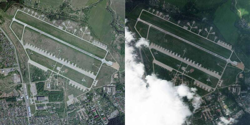 烏克蘭以無人機奇襲俄羅斯伊凡諾沃空軍基地，圖左為襲擊前，圖右為襲擊後景象。（法新社）