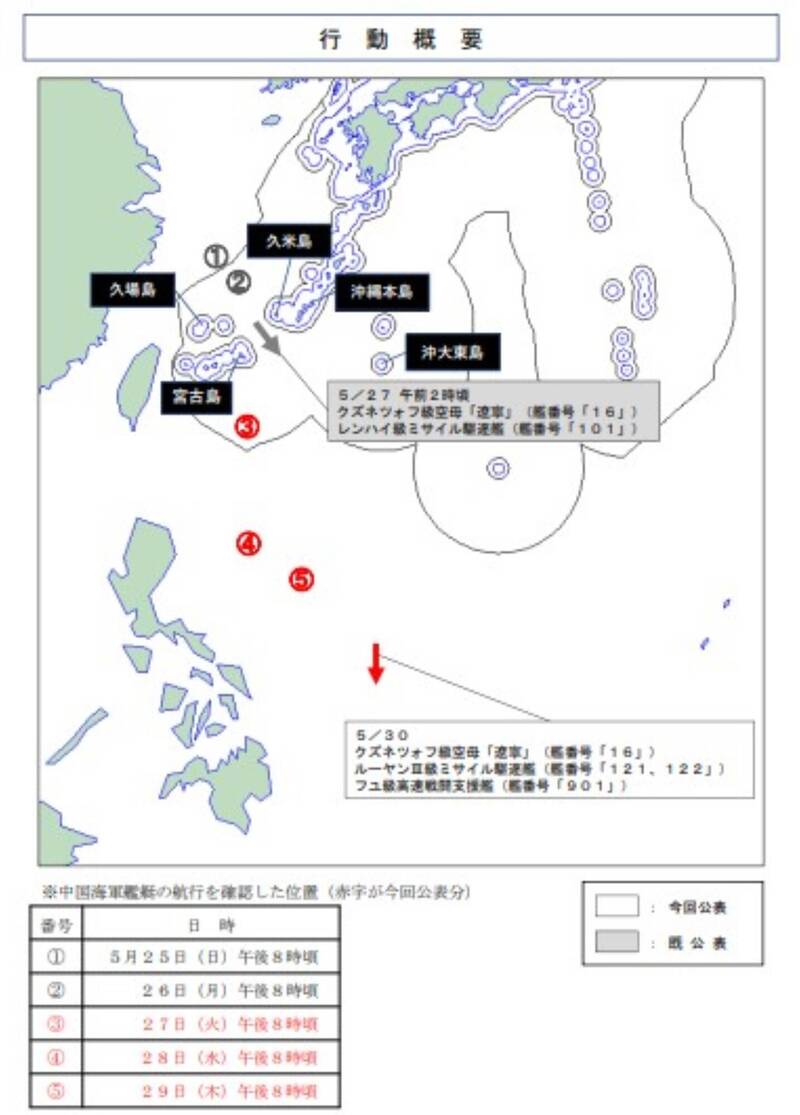 中國遼寧號航艦行經東海、宮古海峽、台灣以東海域，一路朝菲律賓以東海域航行。（取自日本防衛省統合幕僚監部網站）