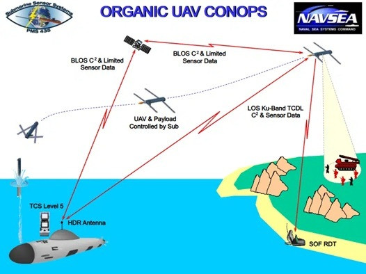 美軍潛艦發射無人機（UAV）執行任務的概念圖。圖中顯示潛艦在水下發射酬載（如SACS膠囊系統搭載的武器或無人機），酬載升空後可由潛艦控制，或透過衛星及數據鏈與其他單位協同，對陸上或海上目標進行偵察與打擊。（圖：美國海軍）