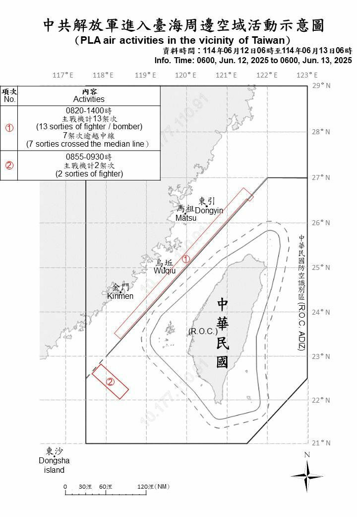 中共解放軍進入台海周邊空域活動示意圖。（國防部提供）