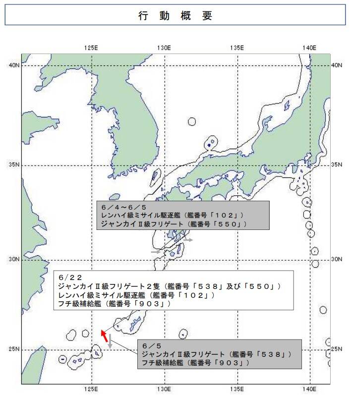 防衛省統合幕僚監部23日公布中國水面遠洋艦隊的最新動態。（圖片取自統合幕僚監部新聞稿）