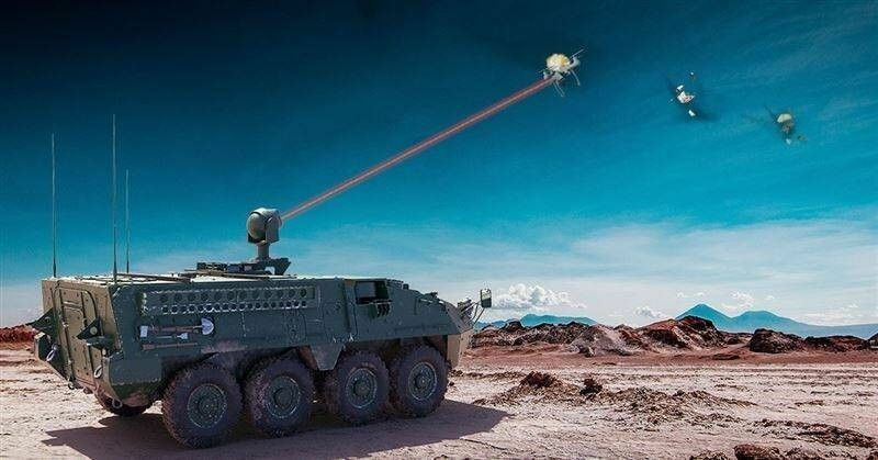 史崔克裝甲車用雷射武器進行實戰攻擊的假想圖。（取自Kord Technologies網站）