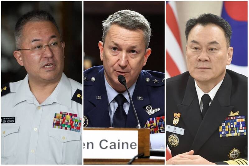南韓聯合參謀本部議長金明秀（右）、美軍參謀首長聯席會議主席凱恩（中）、日本自衛隊統合幕僚長吉田圭秀（左）將於本月10至11日在首爾會晤。（本報合成圖）