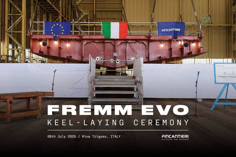 圖為FREMM EVO的龍骨安放儀式，Fincantieri表示，FREMM EVO承襲現役FREMM護衛艦的成熟設計，同時導入多項創新科技與現代化系統。（圖片取自Fincantieri的X帳號）