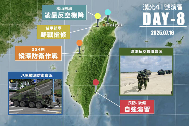 國軍漢光41號實兵演習第八天課目摘要。（記者陳逸寬攝、澎防部提供；記者劉宇捷製圖）