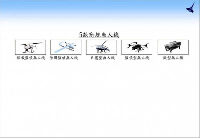 軍方對軍用商規無人機的需求相當大，圖為國軍五款軍用商規無人機，另一款戰術型近程無人機，則未列於圖卡之中。（國防部提供）