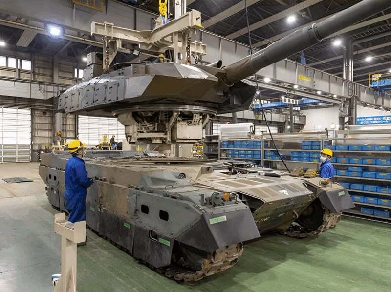 日本三菱重工位於北海道千歲的設施，正在對一具10式主力戰車的砲塔進行精密檢測與大修作業。（圖：日本三菱重工）
