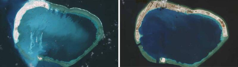 衛星影像對比顯示，南沙群島的美濟礁（Mischief Reef）在十年內的驚人變化。左圖為2015年開始吹填造陸的樣貌，右圖為2025年已建成擁有3000公尺跑道、港口與各式軍事設施的完整基地。（圖：Maxar Technologies）