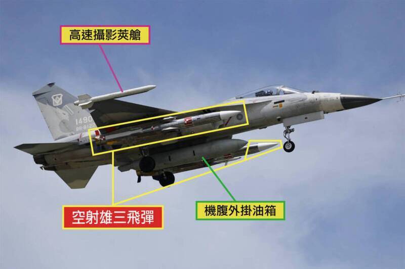 名為「雄鷙專案」的空射型雄三反艦飛彈6月19日以最新的彩繪樣貌曝光，可見彈身採亮銀色、彈翼也已漆上紅黃藍三色，推測將進入下一階段測試。（資料照，IDF經國號粉專提供；記者劉宇捷製圖）