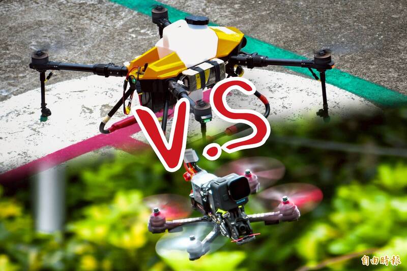 「FPV穿越機」雖然在外型上與傳統的「多軸無人機」相似，但在飛行操控方式、機體元件構成，以及鏡頭特性等方面，有很大差異。（記者劉宇捷攝影、製圖）