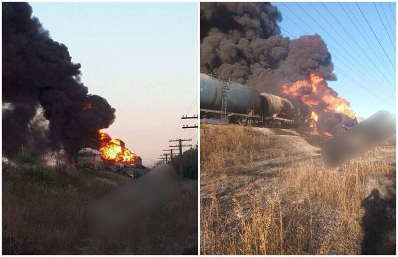 俄軍貨運列車遭受攻擊後爆炸產生大火和陣陣濃煙。（圖翻攝自X平台）