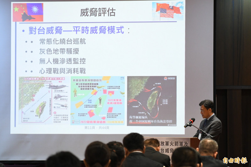 台灣智庫諮詢委員、前空軍戰管中心主任宋文溪，今日在「中國解放軍火箭軍及海空軍對台威脅與因應研討會」中，說明我國空軍的應處方針。（記者劉宇捷攝）
