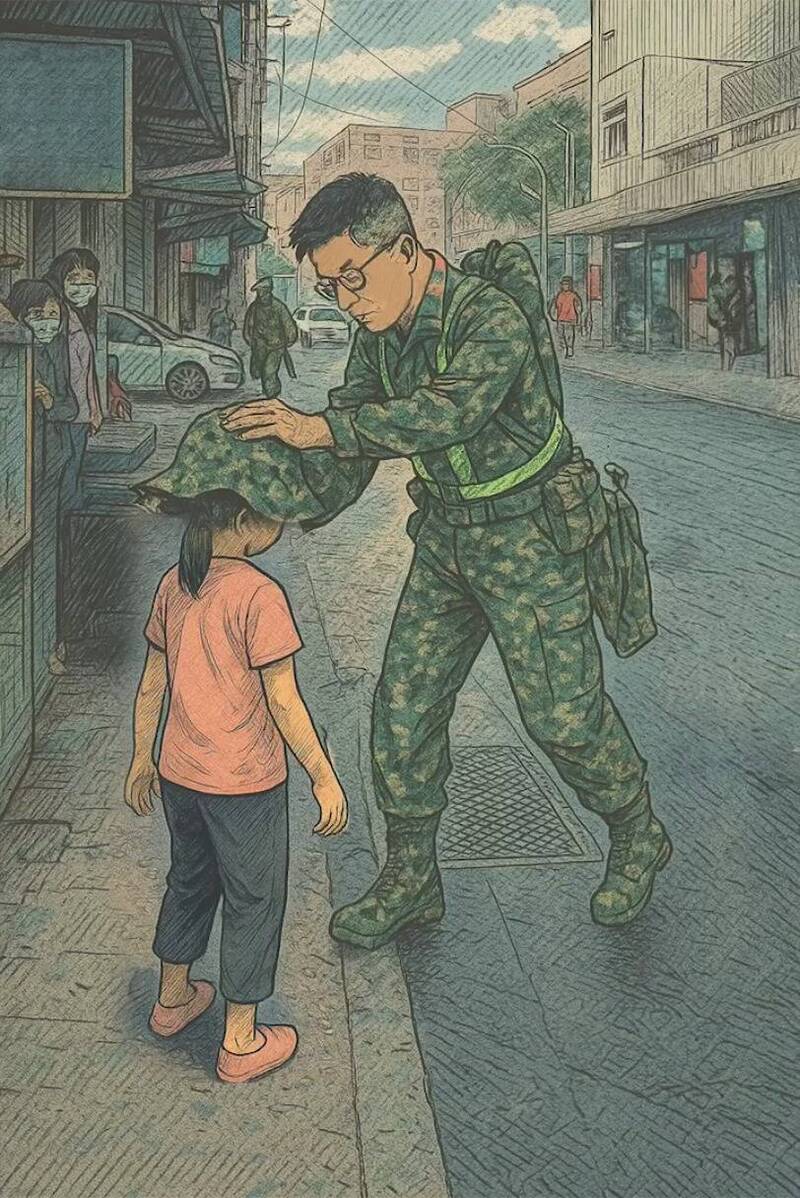 陳保宏士官長在光復災區贈帽的溫馨舉動，成為社群媒體Threads上近日廣受讚許的熱門話題，更被許多網友稱作國軍最好的形象宣傳。（青年日報官方Facebook）