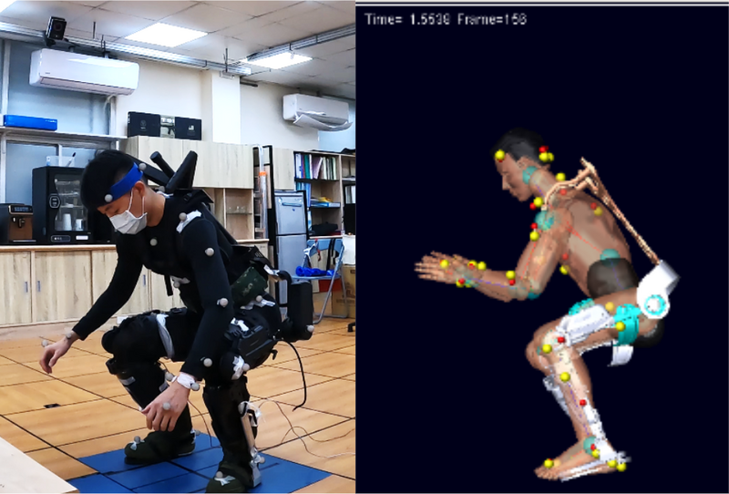中科院外骨骼於此次研發過程中，先進行人因效益量測指標研究，在人體及外骨骼裝備上貼光點，來捕捉人體動作，再匯入模擬環境，進行外骨骼動作相關性解析（中科院提供）