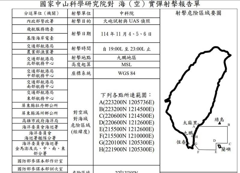 為驗證國造無人機「即偵即打」戰術運用，軍方人士今天指出，中科院規劃在11月初於九鵬基地外海，密集進行一系列的無人機掛彈射擊測試項目。（圖：取自政府單位射擊通報）