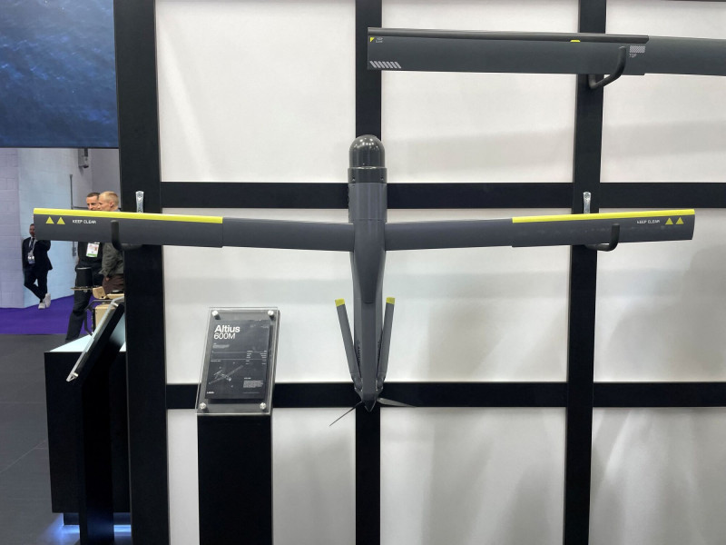 Anduril生產的Altius-600M 無人機於2025年倫敦 DSEI 防務展亮相。（路透）