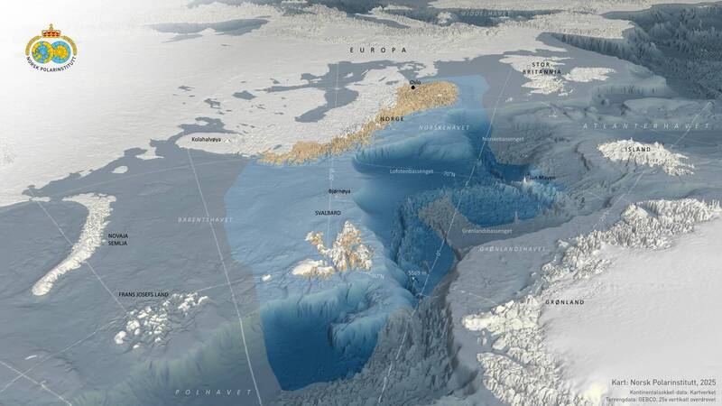 圖為自北極往南繪製的挪威周邊陸、海域地形，挪威政府透過此圖說明增購潛艦之必要性。（挪威政府Facebook）