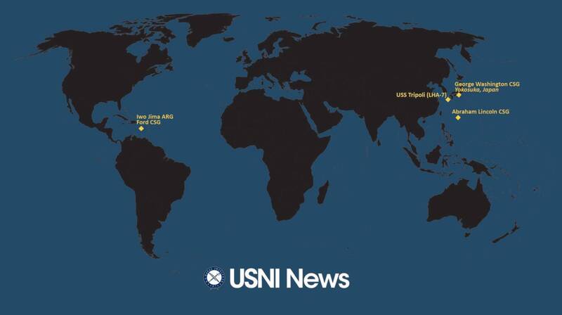美軍航空母艦與兩棲突擊艦12月22日的動態，可見西太平洋有2艘航艦。（取自USNI NEWS）