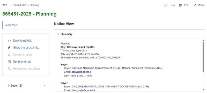 義大利公告採購2艘新世代驅逐艦，並透露將以FREMM為基礎，打造進化版多用途巡防艦（FREMM EVO）。（擷自歐盟公報官網）