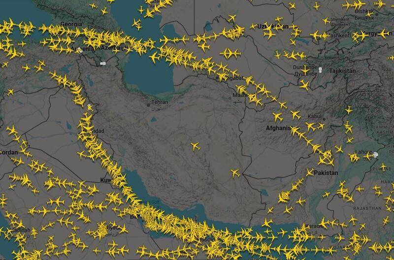 伊朗宣布關閉領空。（圖擷取自「FlightRadar24」）