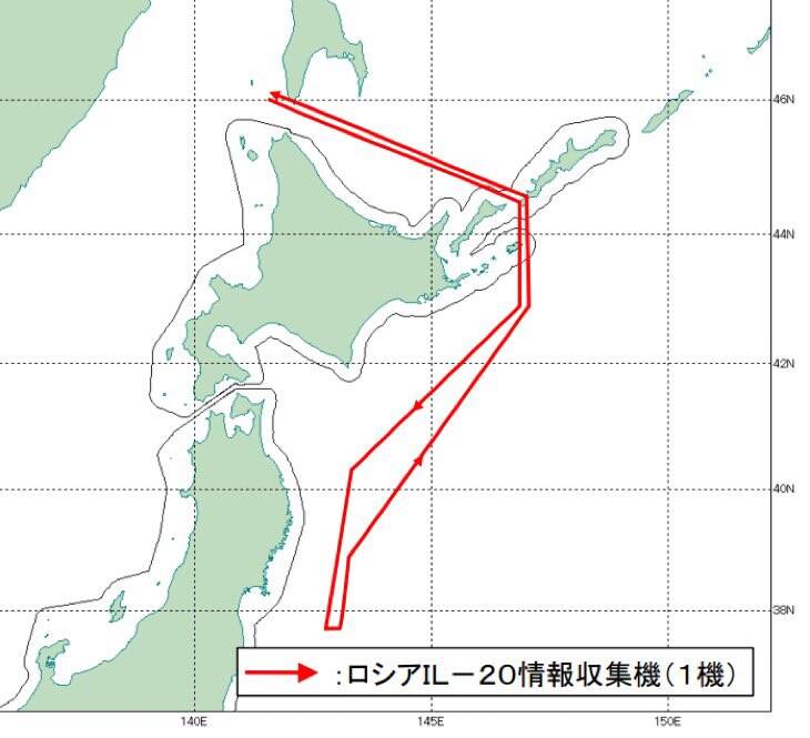俄羅斯一架IL-20偵察機26日繞飛日本北海道、本州空域。（取自防衛省統合幕僚監部X）