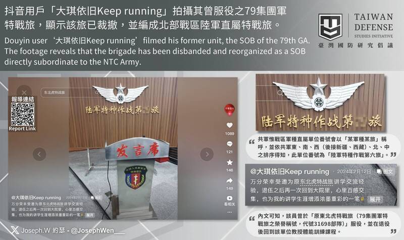 抖音用戶「大琪依旧Keep running」拍攝其曾服役之79集團軍特戰旅，內容顯示該旅已裁撤，並編成北部戰區陸軍直屬特戰旅。（溫約瑟提供）