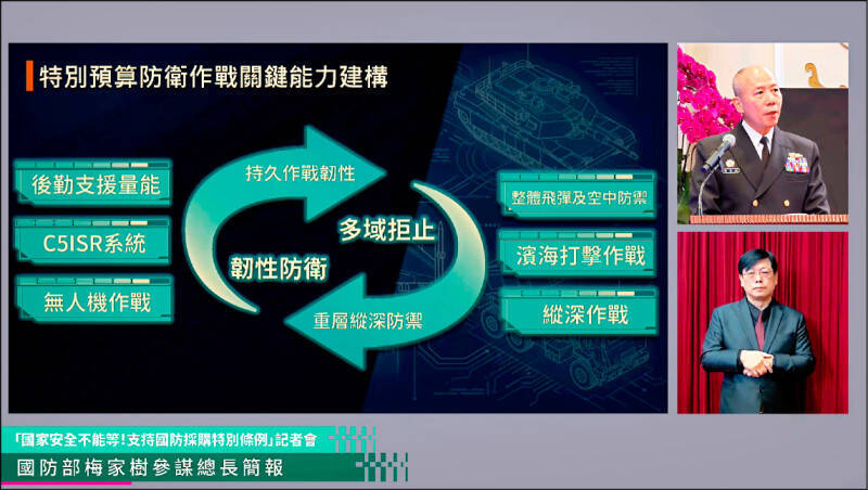 參謀總長梅家樹上將11日在總統府記者會上說明C5ISR系統，包含「人工智慧決策支援系統」及「戰術網路情資分享套件」，獲裝後能讓全軍建立完整「共同作戰圖像」，有效整合各級部隊資訊，大幅加速「擊殺網」的建置與運作效率。（圖取自總統府官方直播）