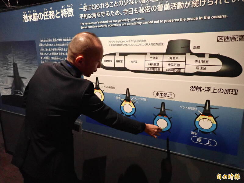 海上自衛隊吳史料館史料主任宮崎茂樹介紹潛艦的潛航及浮上原理。（記者陳鈺馥攝）
