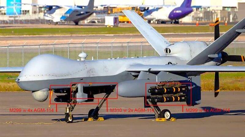 美軍MQ-9A「死神」無人機去年12月在波多黎各被拍到掛載多達10枚AGM-114地獄火飛彈（紅框處），展現驚人的「野獸模式」火力，單機即可對敵方船團進行高密度打擊。（圖取自The Aviationist／Reuters）