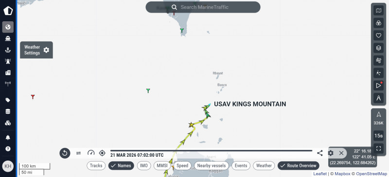 美國陸軍的LCU-2000級通用登陸艇「國王山號」（USAV KINGS MOUNTAIN, LCU-2005），在結束日本任務後，上週抵達菲律賓蘇比克灣，並於20日凌晨再度啟航，目前正通過台灣東南外海，其航跡引發軍事迷高度熱議。（「Taiwan ADIZ」粉專提供）